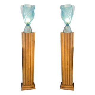 Art Deco Style Wooden Column Floor Lamps, 1970s, Set of 2 For Sale