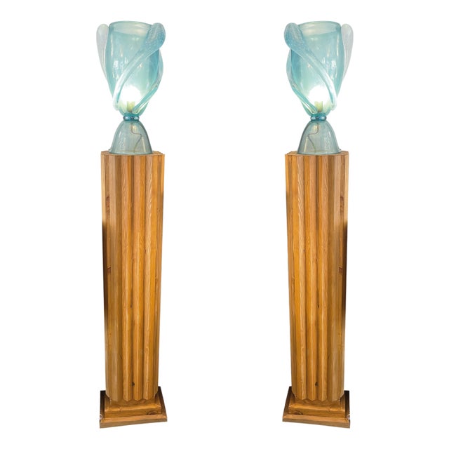 Art Deco Style Wooden Column Floor Lamps, 1970s, Set of 2 For Sale
