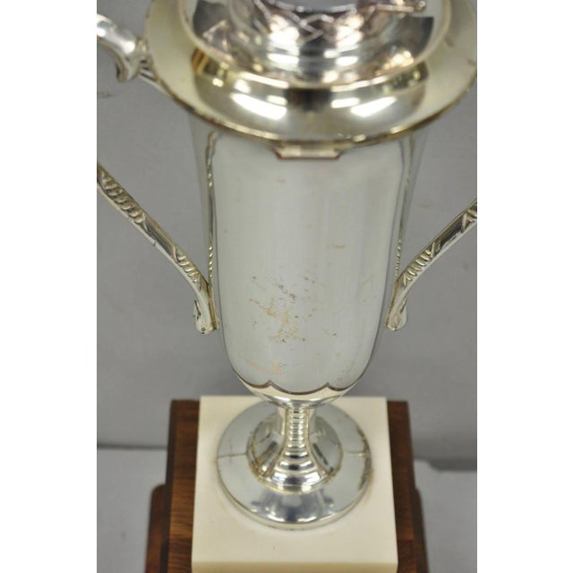Vintage 1970s Art Deco Silver Metal Marble & Wood Figural Golf Trophy Award Cup For Sale - Image 14 of 17
