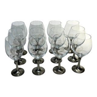 Williams-Sonoma 4” Diameter Pewter Stem Hand-Blown Crystal Wine Goblets - Set of 12 For Sale