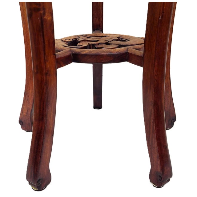 Pair Vintage Chinese Bamboo Carved Hardwood & Marble Top Plant Stand Pedestals For Sale - Image 10 of 18