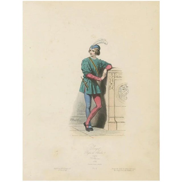 Antique French Costume Print of Medieval Page Boy, Hand-Colored, 19th Century For Sale - Image 10 of 10