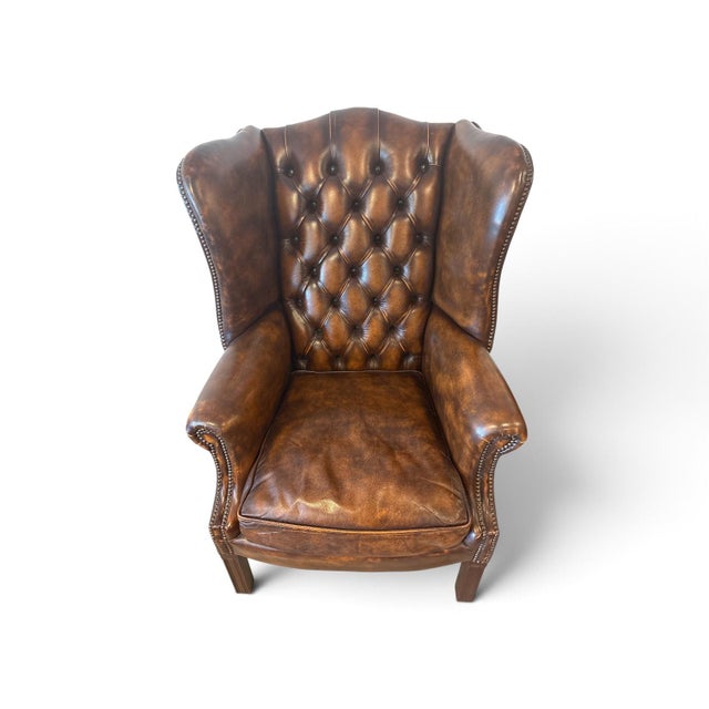 Set of Vintage English Chesterfield Leather Wingback Chair with Ottoman, 1990s For Sale - Image 3 of 9