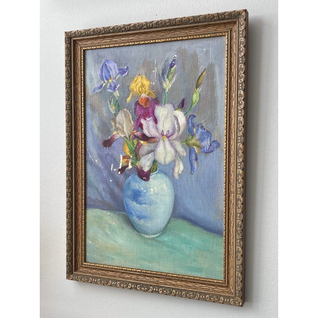 Early 20th Century Oil Painting Colorful Still Life of Irises in a Blue Vase For Sale - Image 10 of 15
