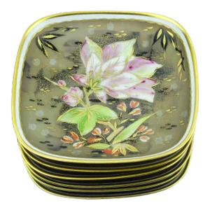 Early 20th Century Rosenthal Small Square Plates Dishes Hand Painted Floral and Gold Motif by Walter Mutze "Traumland" Handgemalt Germany - Set of 6