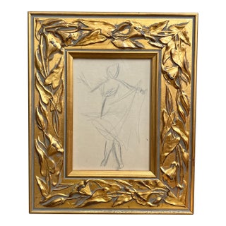 1950’s Original Abstract Dancing Figure Study Drawing Chunky Gilt Wood Frame For Sale