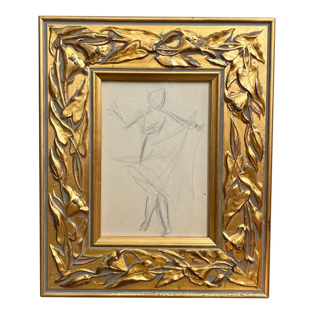 1950’s Original Abstract Dancing Figure Study Drawing Chunky Gilt Wood Frame For Sale