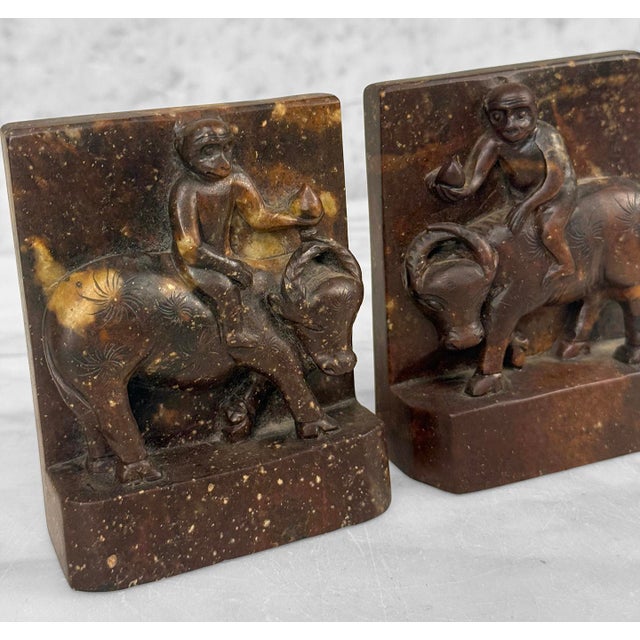 Stone Antique Chinese Soapstone Monkey Riding Buffalo Library Bookends - A Pair For Sale - Image 7 of 9