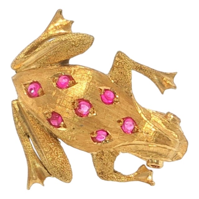Mid 20th Century Pink Tourmaline 18k Yellow Gold Frog Brooch For Sale