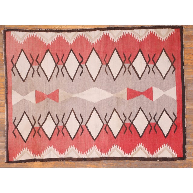Native American 1920s Gray Tribal Kilim Geometric Antique Navajo Rug 4'2" X 5'7" Flatweave Wool Carpet For Sale - Image 3 of 6