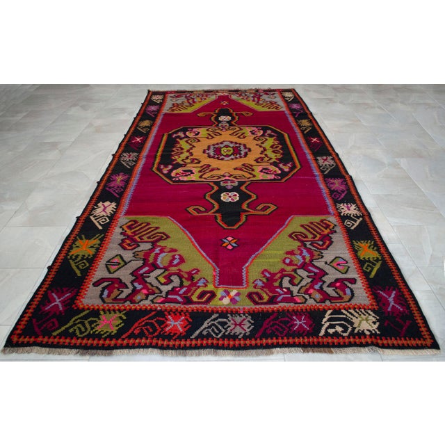 1970s Handwoven Turkish Kilim Rug Anatolian Tribal Magenta Rug - 6′2″ X 13′3″ For Sale - Image 5 of 12