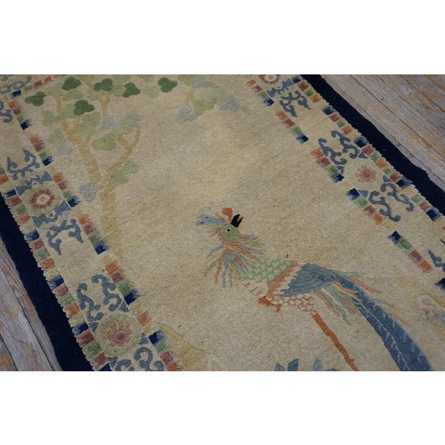 Textile 1930s Beige Peacock Scene Pictorial Antique Chinese Peking Carpet 3' X 5'9" Knotted Wool Rug For Sale - Image 7 of 13