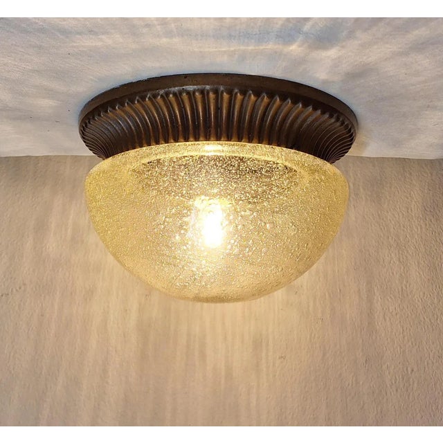 Vintage Brutalist Ceiling Lamp with Bronze Holder and Tinted Ice Glass Shade, 1970s For Sale - Image 4 of 7