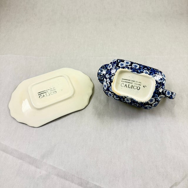 1940s Crownford China Blue Calico Gravy Boat & Underplate For Sale - Image 11 of 12