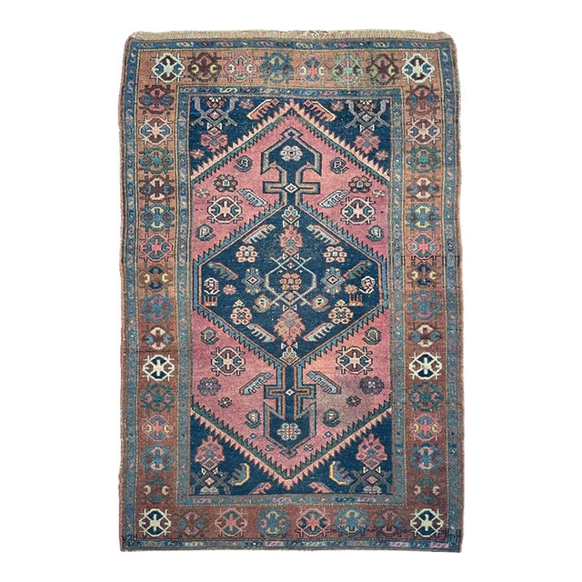 Tribal Rug with COPPER Border, Pinks, Deep Blues & Salmon 3.3 x 5.8 For Sale