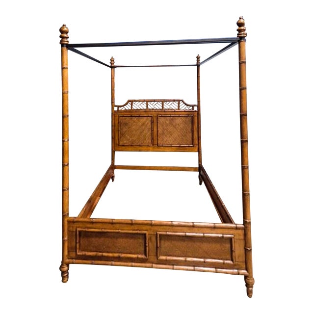 Tommy Bahama Carved Fruitwood Faux Bamboo Canopy / Four Poster Bed Queen Chairish
