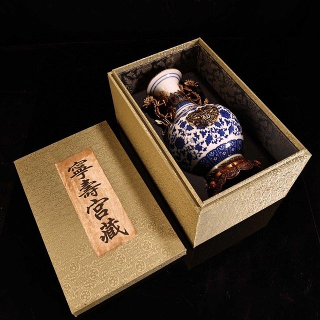 Metal Vintage Chinese Blue and White Porcelain Vase With Gilt Bronze Dragon Handles and Elaborate Stand For Sale - Image 7 of 9