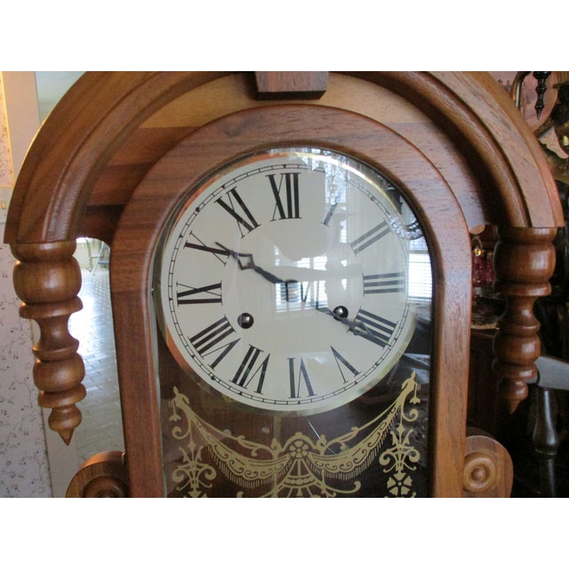 American Beautiful Vintage Wood Ansonia Reproduction Tear Drop Clock 8 Day Wind Painted Glass on Door Works For Sale - Image 3 of 15