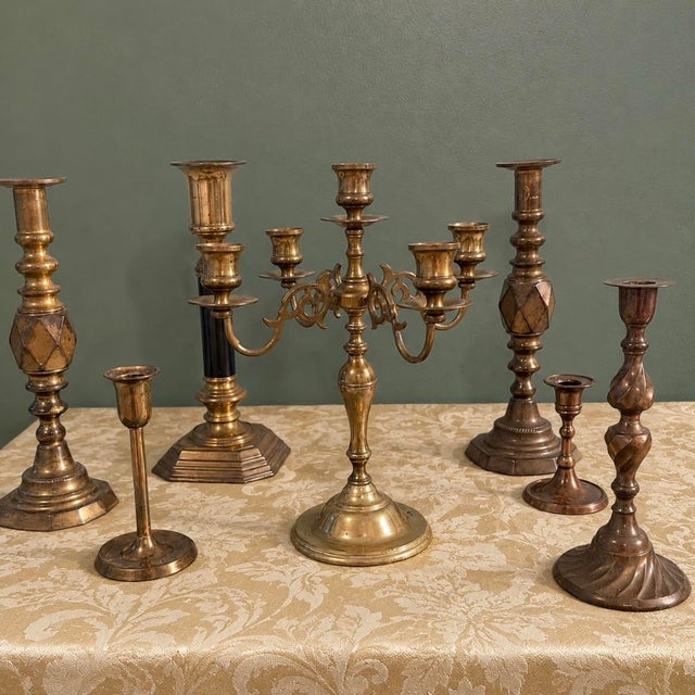 Vintage Variegated Height Brass Candelabra & Candlestick Collection For Sale - Image 9 of 9