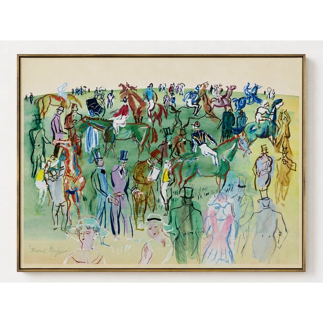 Raoul Dufy La Pelouse art print featuring colorful horses, jockeys and fashionable spectators in a lively French...