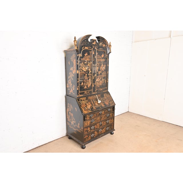 Baker Furniture Company Baker Furniture Style Georgian Chinoiserie Black Lacquered Hand-Painted Drop Front Secretary Desk For Sale - Image 4 of 13
