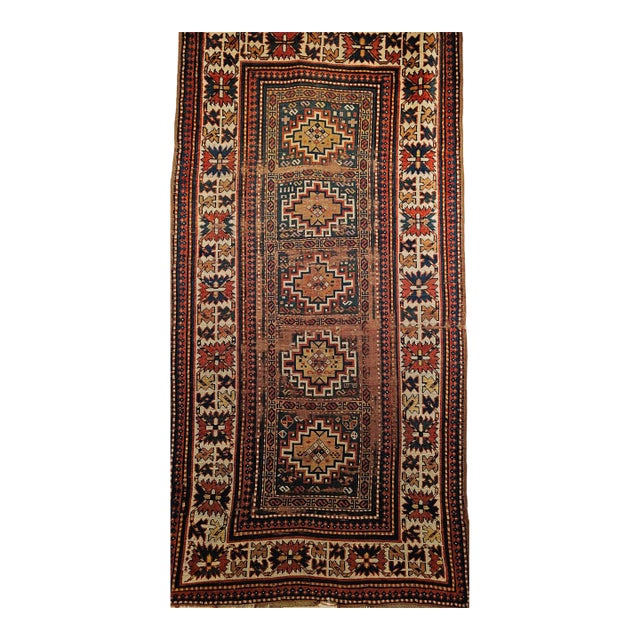 Antique Caucasian Kazak Rug, Handwoven Wool, Memling Gul Medallions, 4' x 7' For Sale