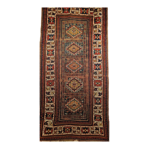 Antique Caucasian Kazak Rug, Handwoven Wool, Memling Gul Medallions, 4' x 7'