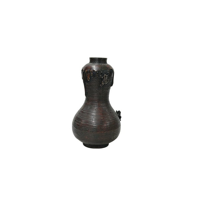 Asian Oriental Gourd Shape Bronze Patina Ribbed Body Metal Vase Art For Sale - Image 3 of 5