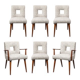 Set of 6 Mid-Century Modern Walnut Cutout Back Arm & Side Chairs by Paul Frankl For Sale