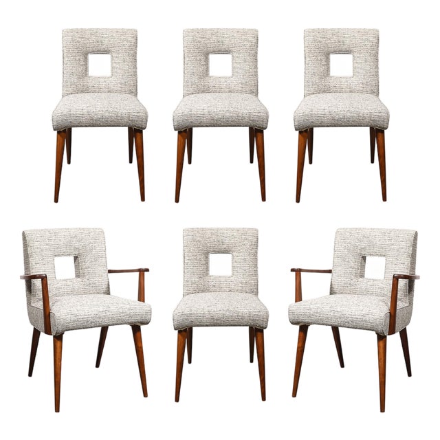 Set of 6 Mid-Century Modern Walnut Cutout Back Arm & Side Chairs by Paul Frankl For Sale