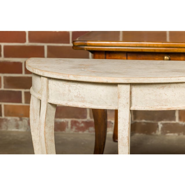 Beige Swedish 19th Century Painted Demilune Tables with Cabriole Legs, a Pair For Sale - Image 8 of 12