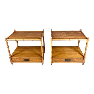 Mid Century Vintage Baker Furniture Milling Road English Regency Campaign Faux Bamboo Nightstands For Sale