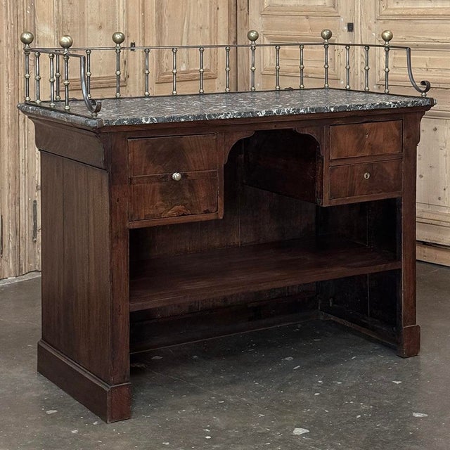Mid 19th Century Rare Louis Philippe Period Marble Top Concierge Counter With Original Hand Forged Brass Gallery Rail For Sale - Image 5 of 18