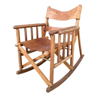 Vintage Costa Rican Wood and Leather Folding Rocking Chair For Sale