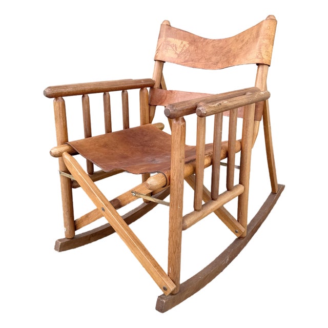 Vintage Costa Rican Wood and Leather Folding Rocking Chair For Sale