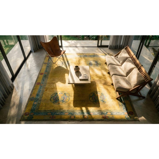 1920s Yellow Gold Dragon Antique Chinese Rug 12' X 15'6"handknotted Wool Carpet For Sale - Image 16 of 17