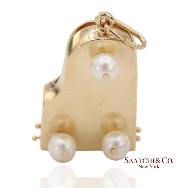14k Solid Yellow Gold Pearl and Multicolor Gemstone Piano Charm Pendant For Sale In New York - Image 6 of 11
