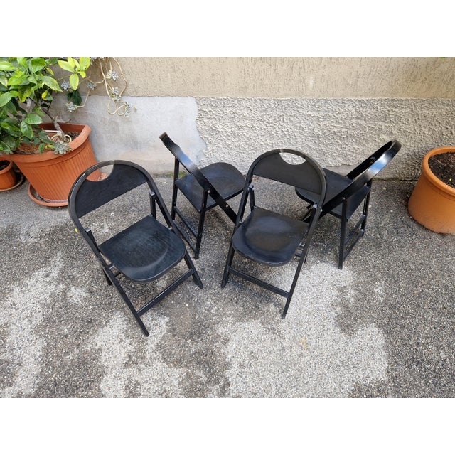 Mid-Century Modern Tric Folding Chairs in Black Lacquered Wood by Achille and Pier Giacomo Castiglioni for BBB Bonacina, 1970s, Set of 4 For Sale - Image 3 of 15