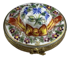 1990s French Limoges Peint Main Hat Box Floral