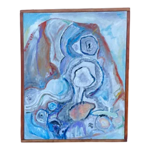 Late 20th Century Vintage Signed Abstract Flowing Forms Acrylic Painting on Canvas Board by Teresa Lawrenson, Framed