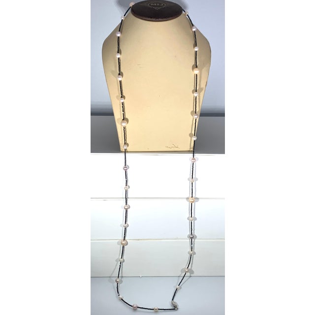 2010s Fresh Water Pearl Single Strand Necklace with Black Spinel Opera Length 46 Inch For Sale - Image 5 of 18