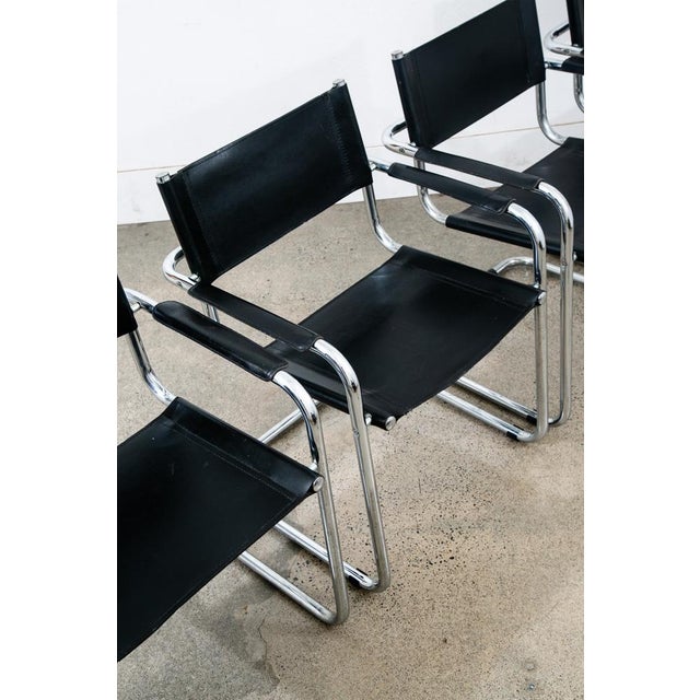 1970s Mid Century Modern Armchairs Chairs Set 4 Black Leather Italy Italian Vintage For Sale - Image 10 of 12
