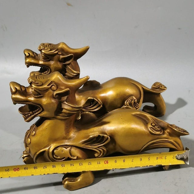 Metal Pair of Vintage Brass Chinese Guardian Lions / Pixiu Statues For Sale - Image 7 of 9