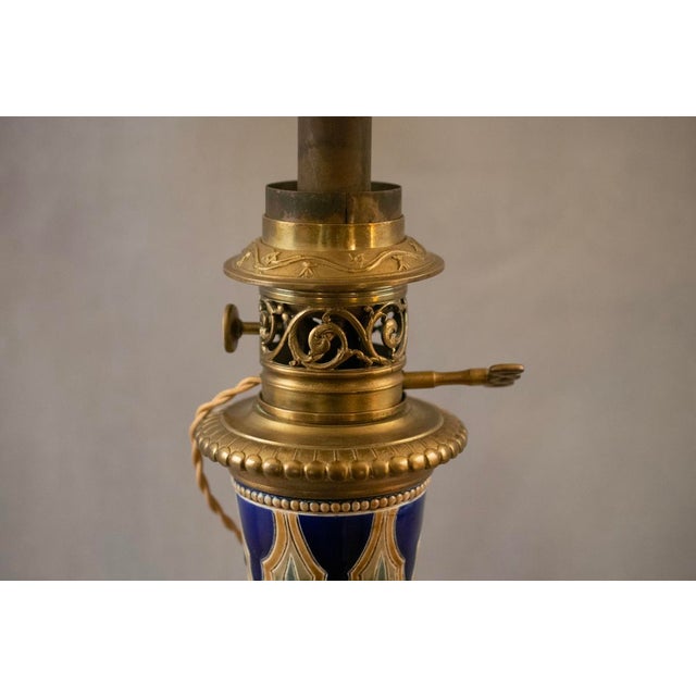 Electrified Kerosene Lamps in Glazed Earthenware with Gilt Bronze Mounts and Geometric Decor from Longwy, Late 19th Century, Set of 2 For Sale - Image 4 of 14