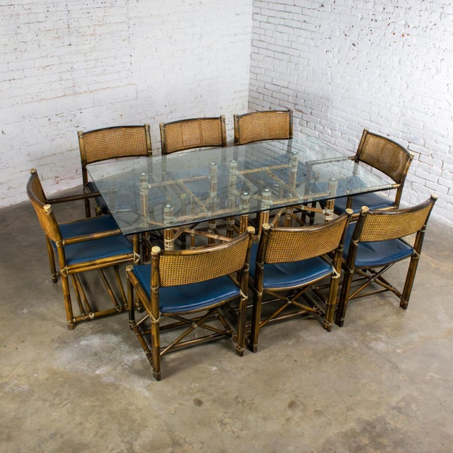 Late 20th Century Campaign Style Double Pedestal Dining Table by McGuire Bamboo Bases & Glass Top For Sale - Image 17 of 18