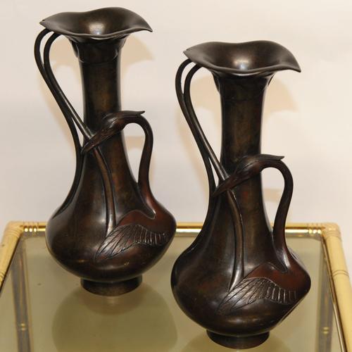 Japanese Meiji-Era Bronze Crane Vase, 1900 For Sale - Image 4 of 11