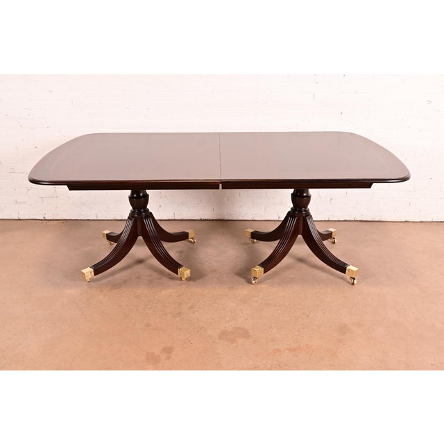 Smith & Watson Regency Banded Mahogany Double Pedestal Extension Dining Table, Newly Refinished For Sale - Image 15 of 15