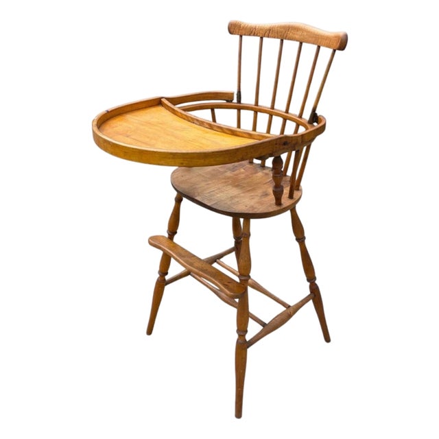 Folk Art Quilted Maple Windsor Slat Back Style Wood High Chair for Baby or Child For Sale