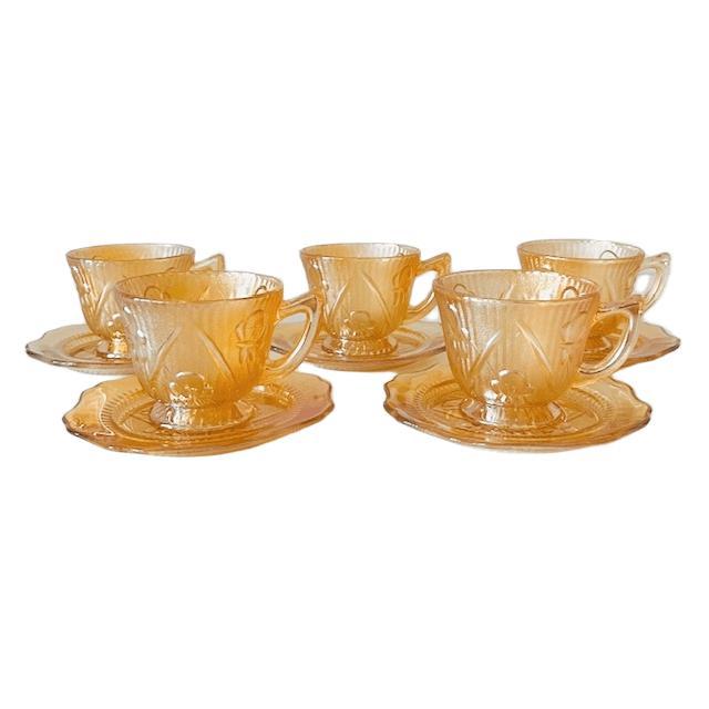Vintage Jeanette Carnival Cup and Saucer Set in Peach Glass, 1930s, Set of 10 For Sale - Image 3 of 10