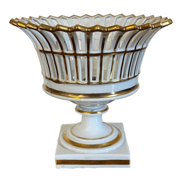 Antique 19th Century Old Paris Porcelain Gilt Reticulated Pedestal Basket or Corbeille For Sale